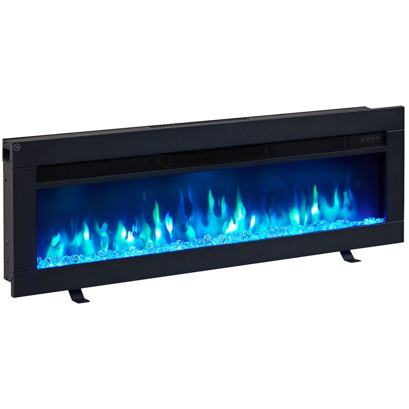 Schwarzer Elektrokamin mit blauer Beleuchtung