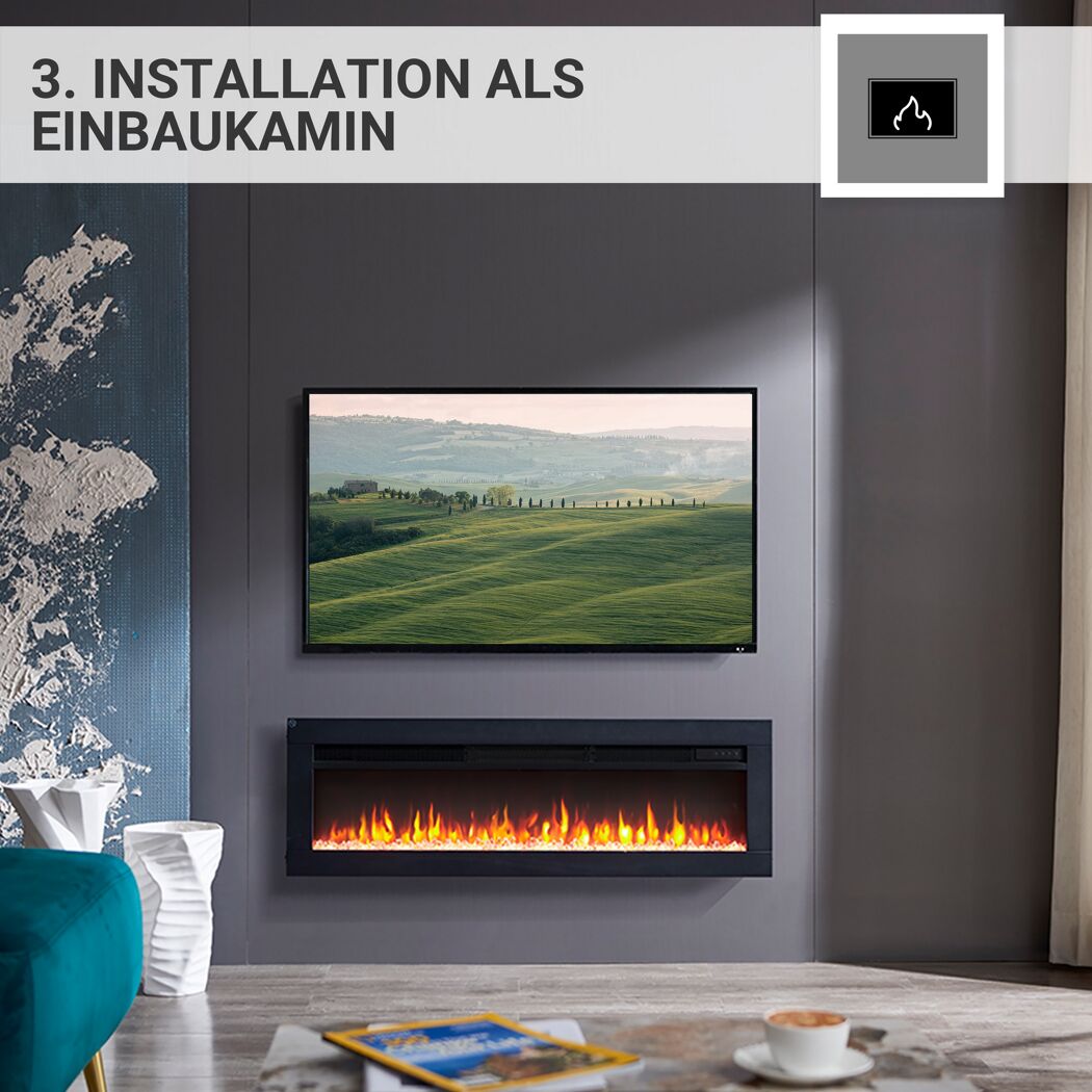 Einbau-Elektrokamin unter einem Wandfernseher