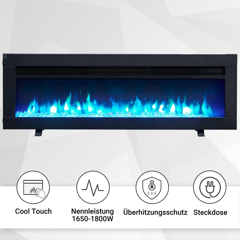 Schwarzer Elektrokamin mit blauer Beleuchtung