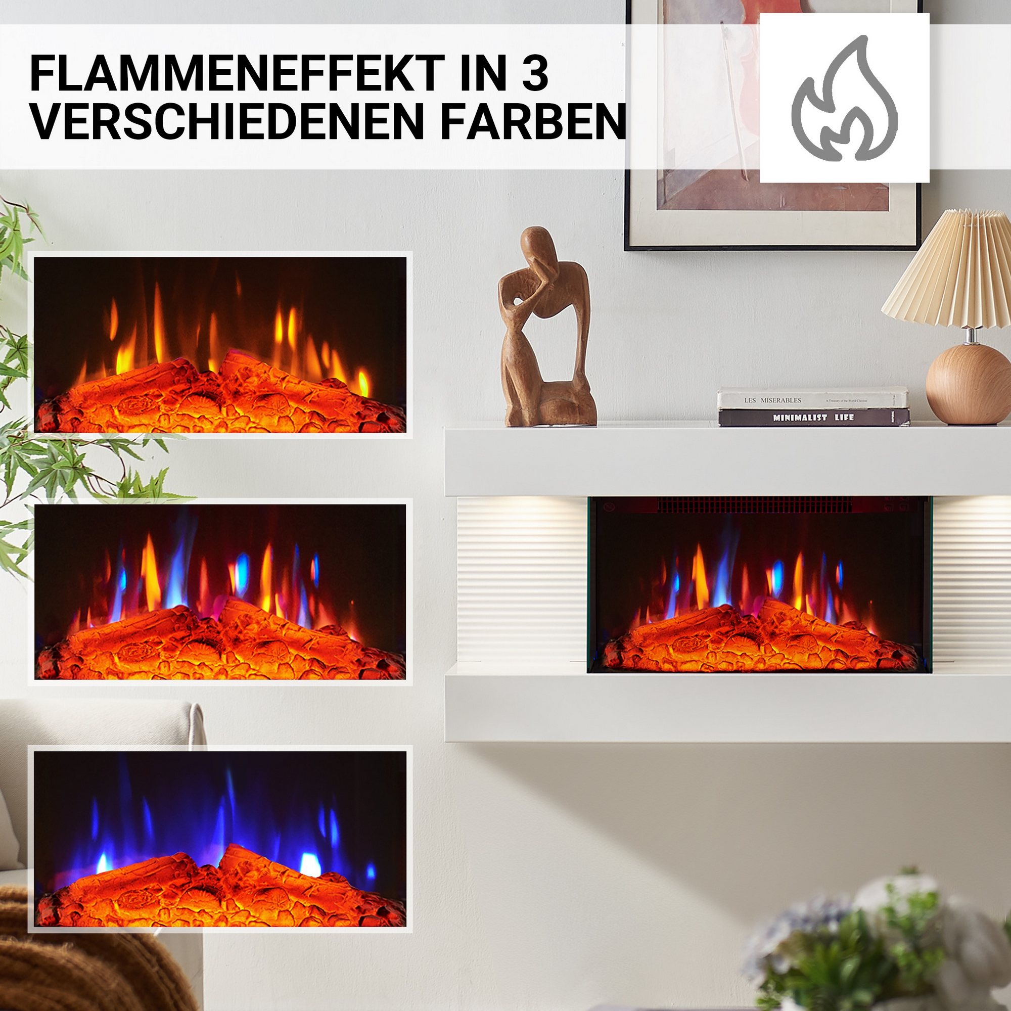 Elektro-Wandkamin 'Ida' weiß 1800 W, 3D-Flammeneffekt Fernbedienung 82 x 41,8 x 21,6 cm + product picture