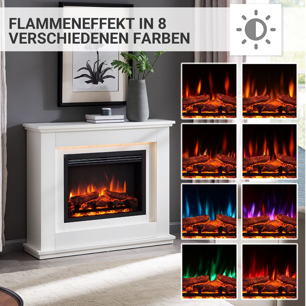 Weißer Elektrokamin mit verschiedenen Flammenfarben