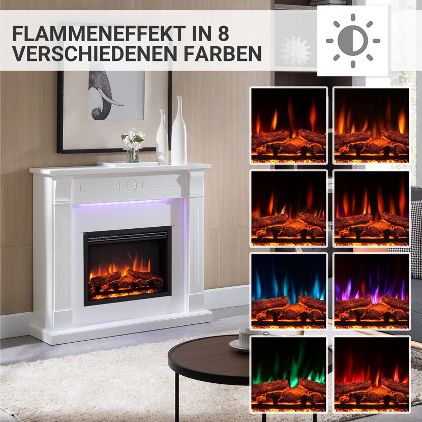 Weißer Elektrokamin mit verschiedenen Flammenfarben