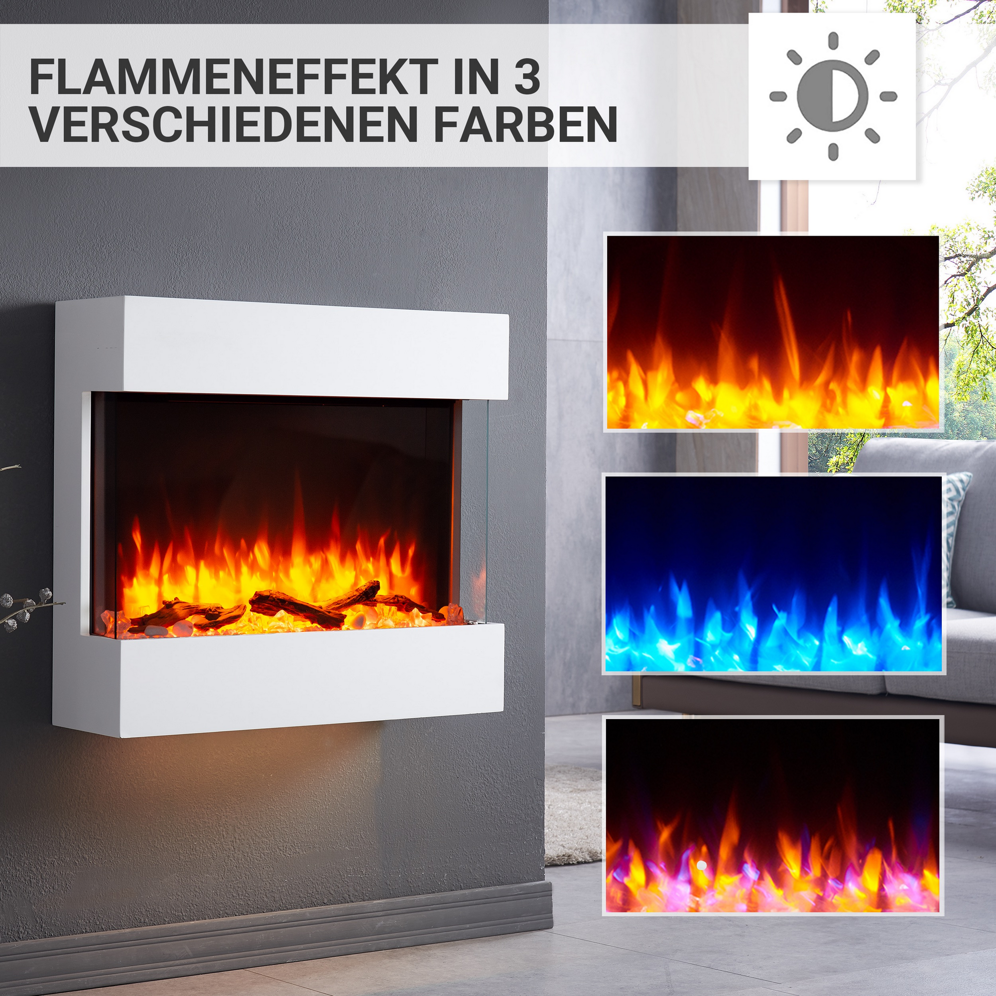 Elektro-Wandkamin 'Alva' weiß 2000 W, 3D-Flammeneffekt Fernbedienung 72,6 x 63,4 x 20 cm + product picture
