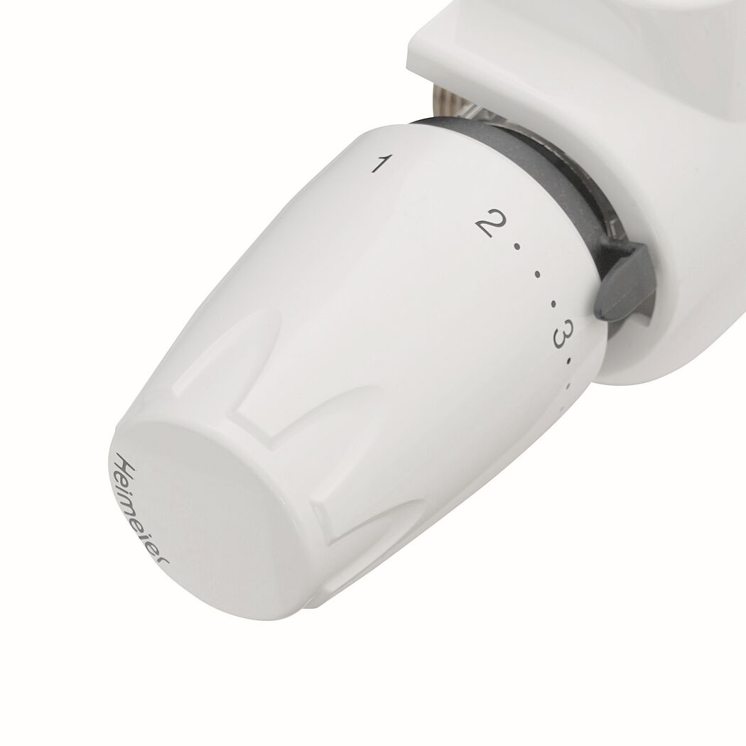 Weißer Heizkörperthermostat.
