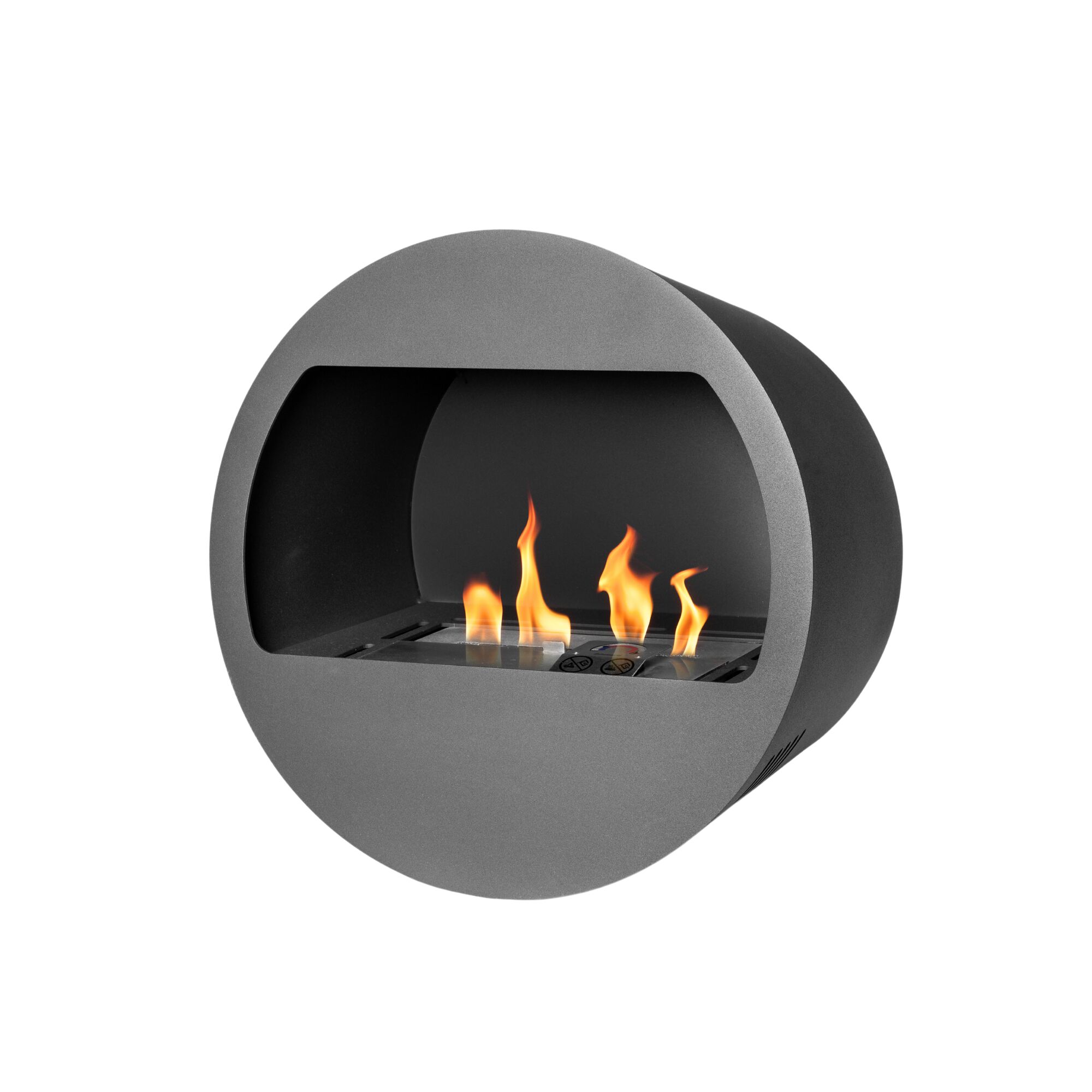 Runder, grauer Bioethanolofen mit Flammen