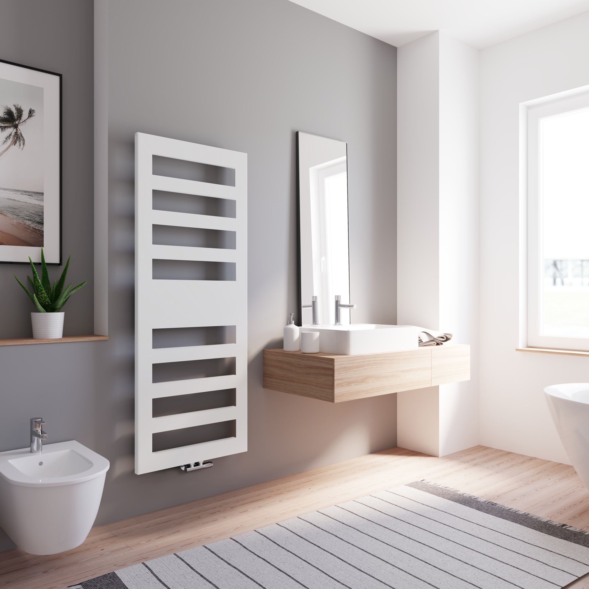 Weißer Handtuchheizkörper in einem Badezimmer