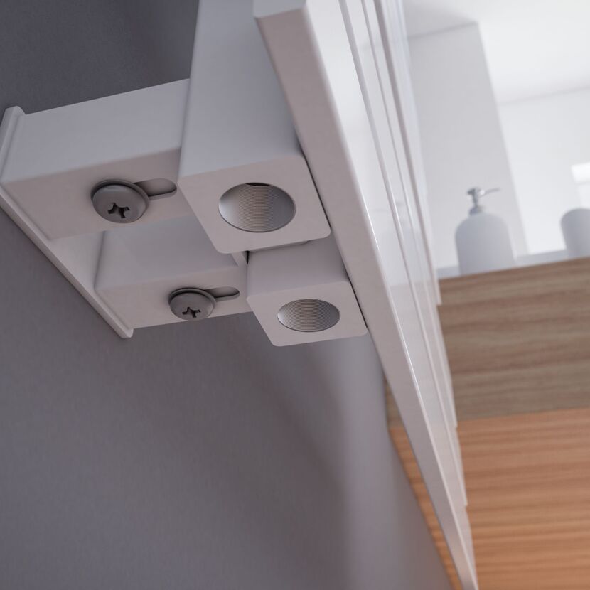Detailansicht der Befestigung eines weissen Designheizkörpers