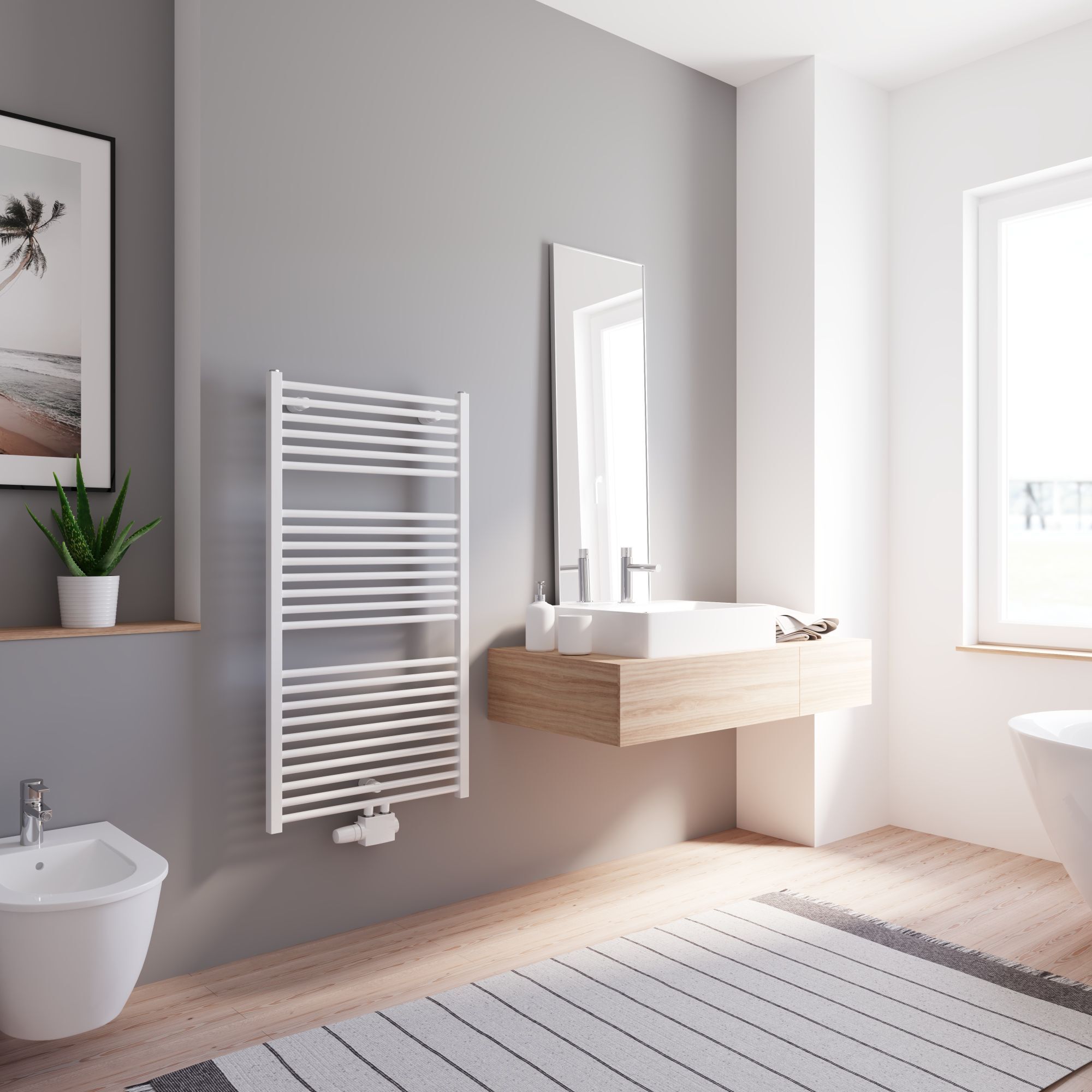 Weißer Handtuchheizkörper an Badezimmerwand