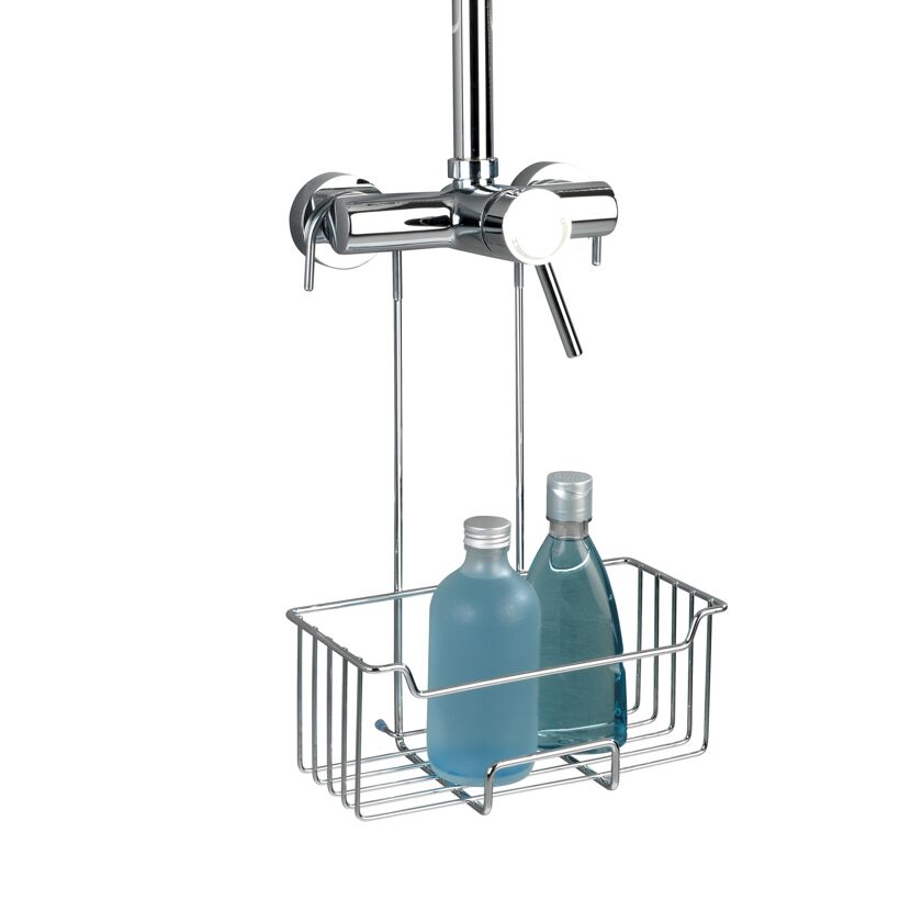 Dusch-Caddy mit zwei blauen Flaschen und Thermostat