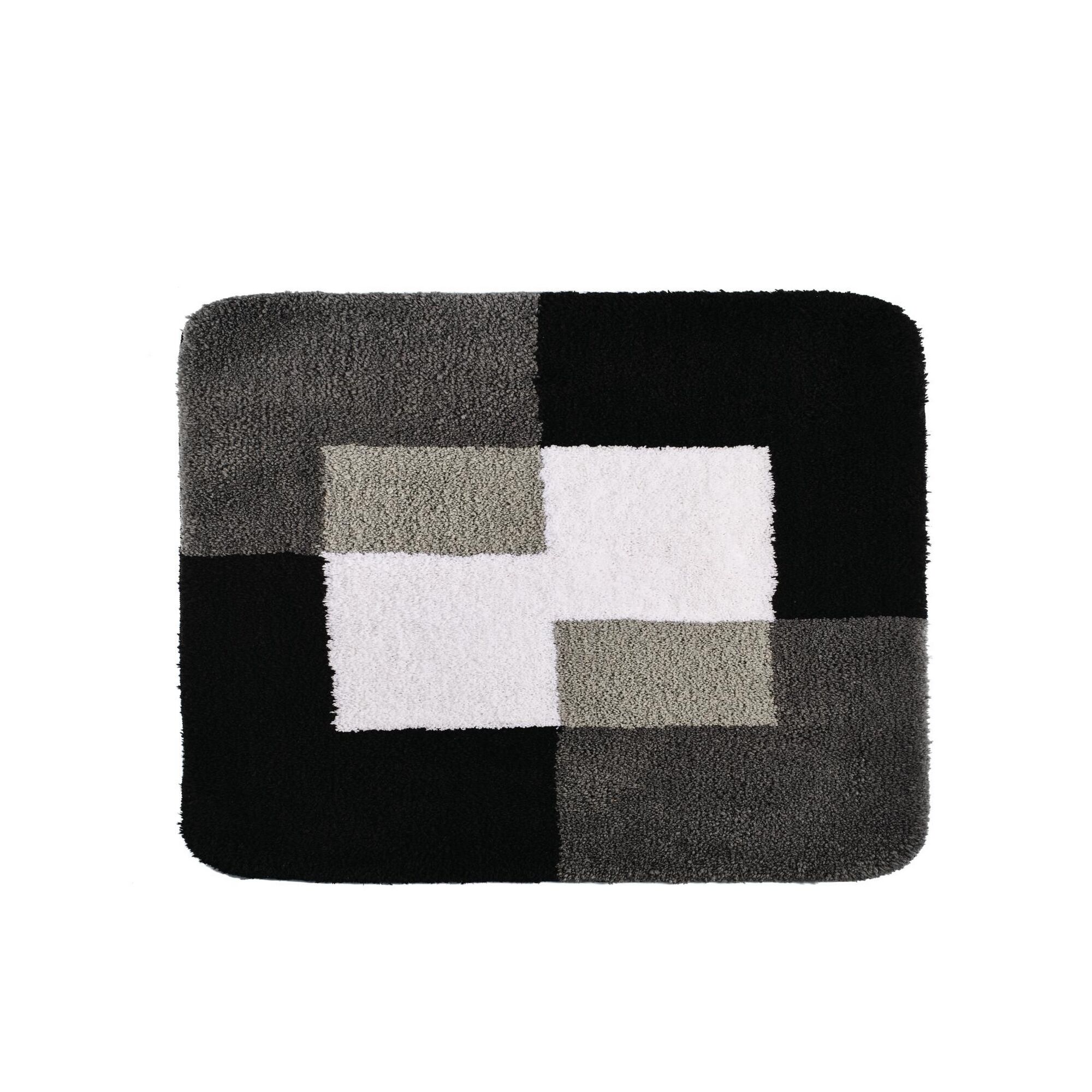 Flauschiger Teppich in Grau, Weiß und Schwarz.