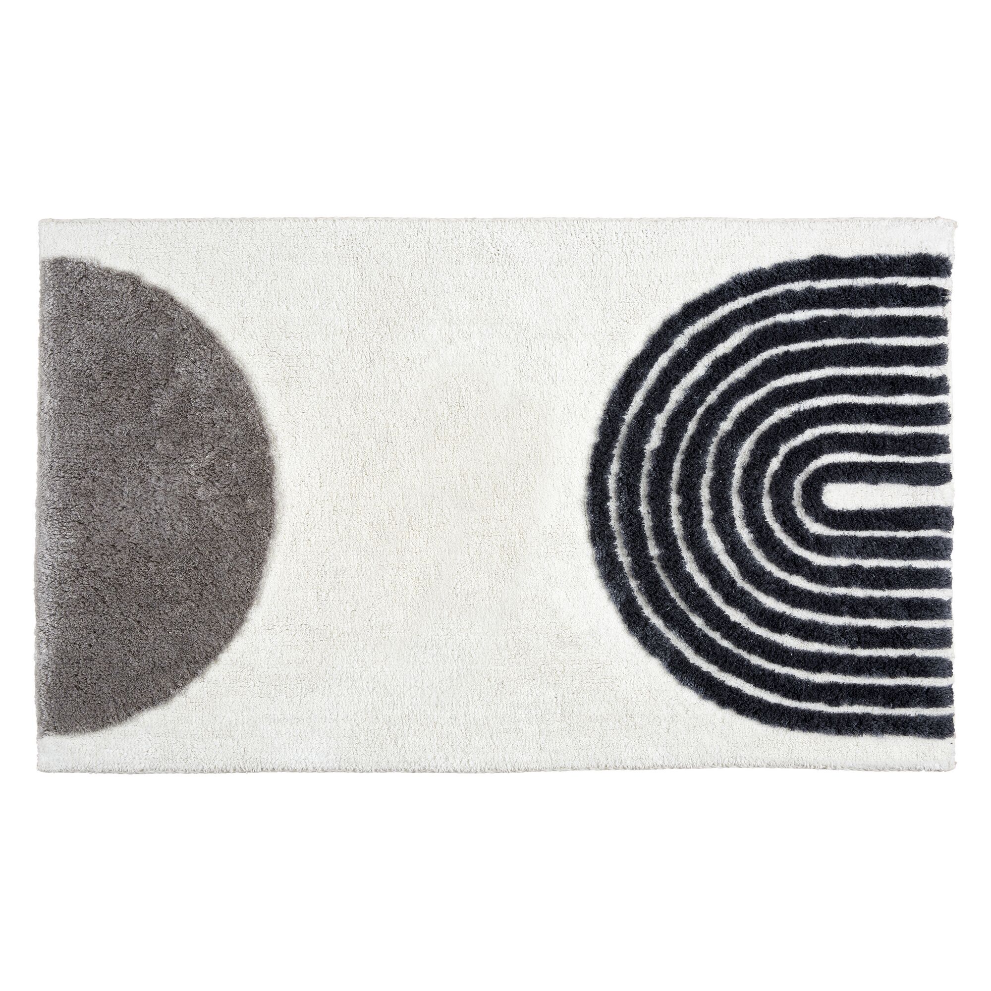 Weißer Teppich mit grauem und schwarz-weiß gestreiftem Muster