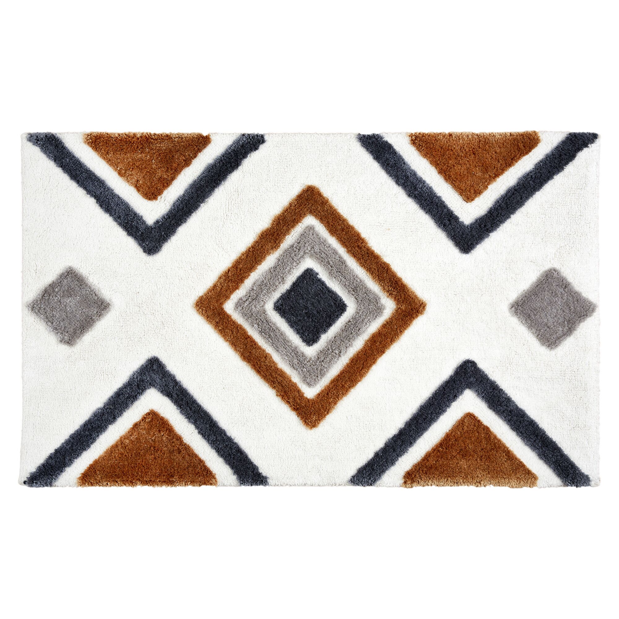 Weißer Teppich mit geometrischem Muster in Braun und Grau