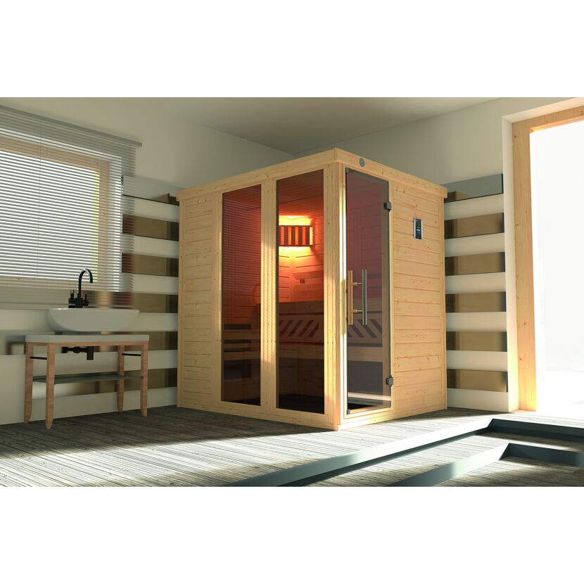 Sauna aus hellem Holz mit Glastür