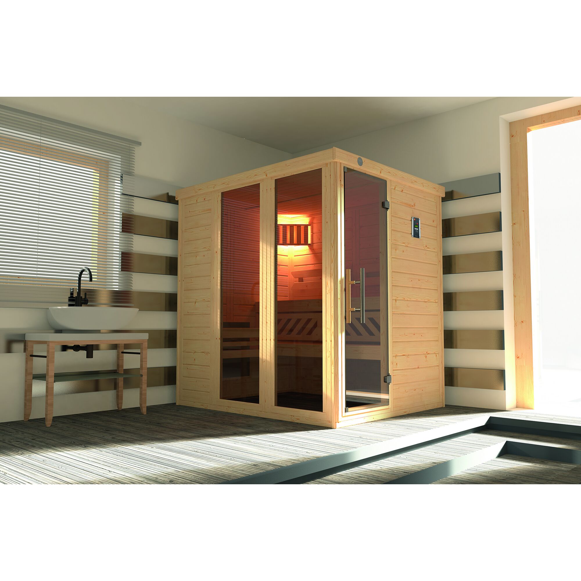 Sauna aus hellem Holz mit Glastür