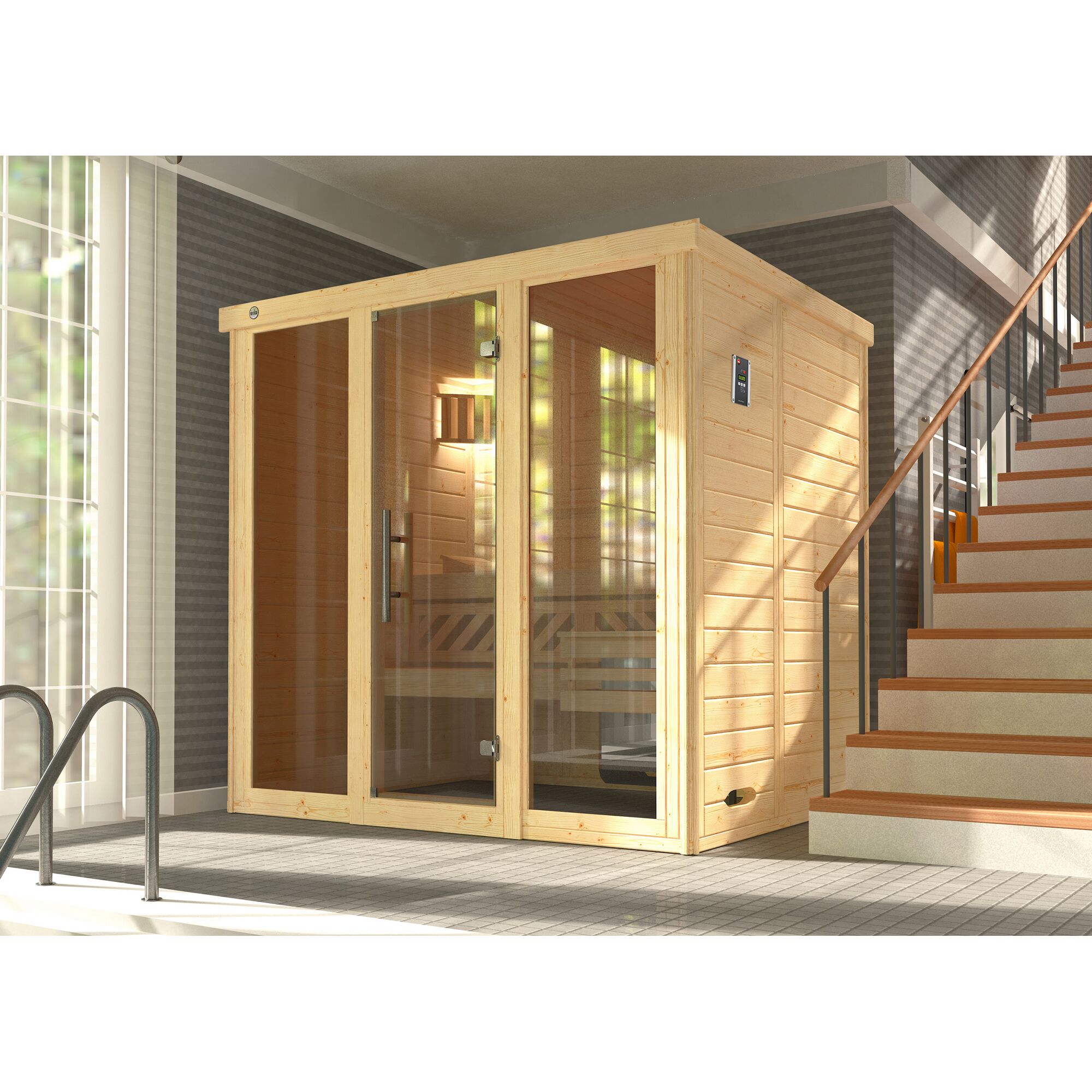 Sauna aus hellem Holz mit Glastür