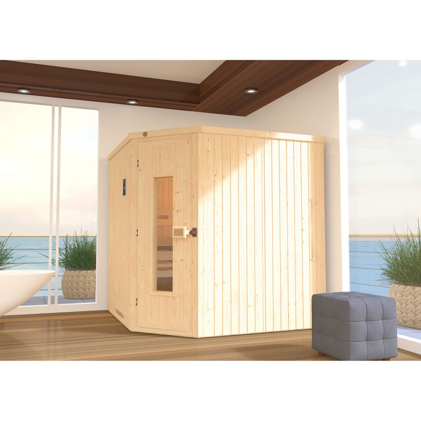 Eck-Sauna aus hellem Holz in einem Badezimmer