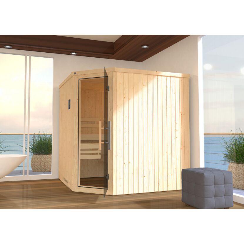 Eck-Sauna aus hellem Holz mit offener Glastür.