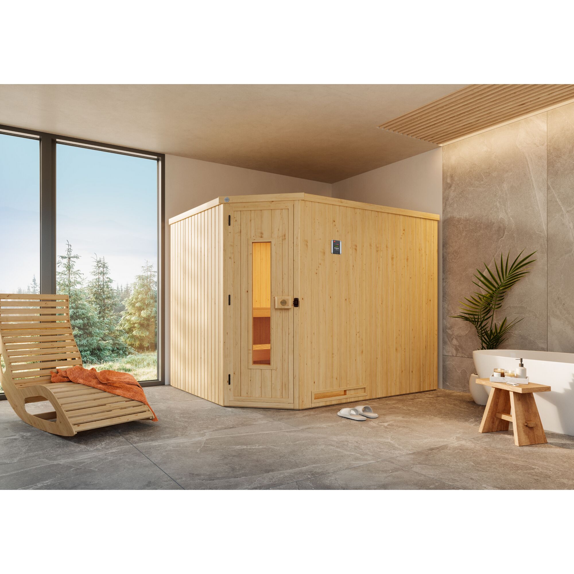 Eck-Sauna aus hellem Holz in einem Badezimmer