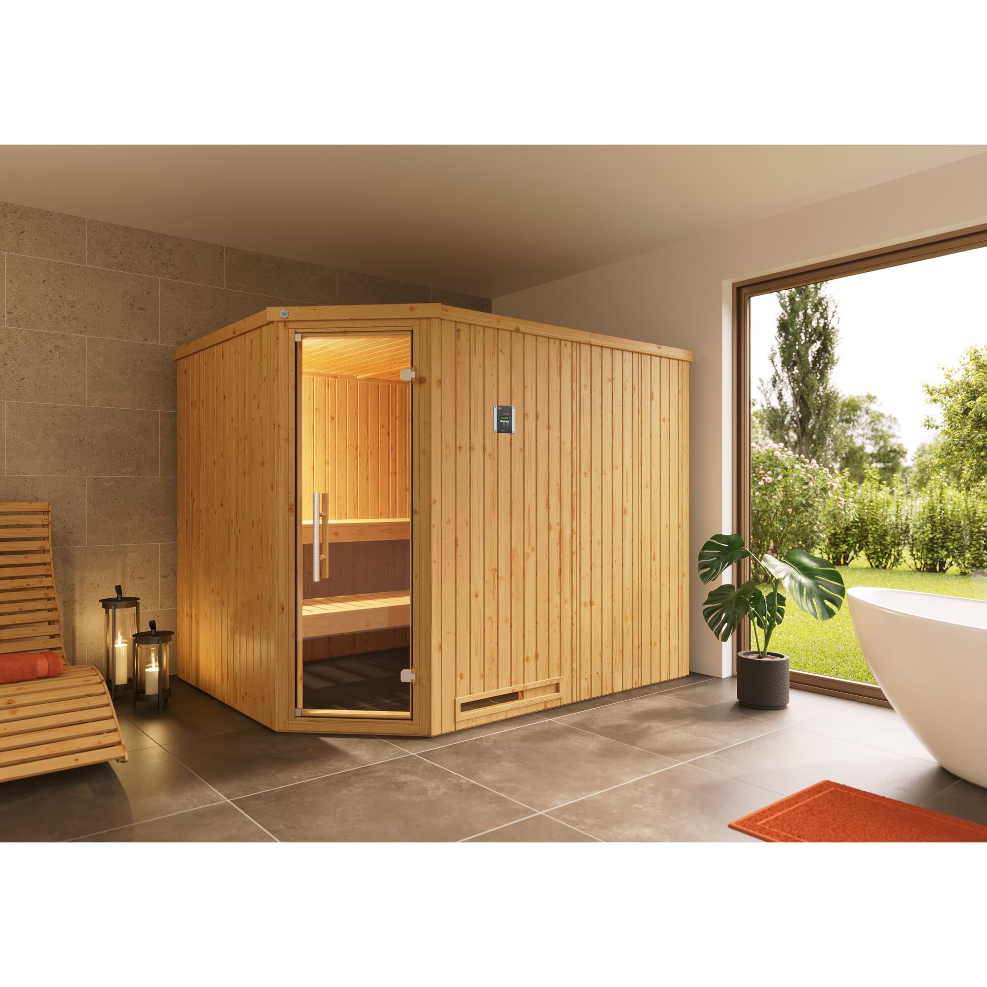 Eck-Sauna aus Holz in einem Badezimmer