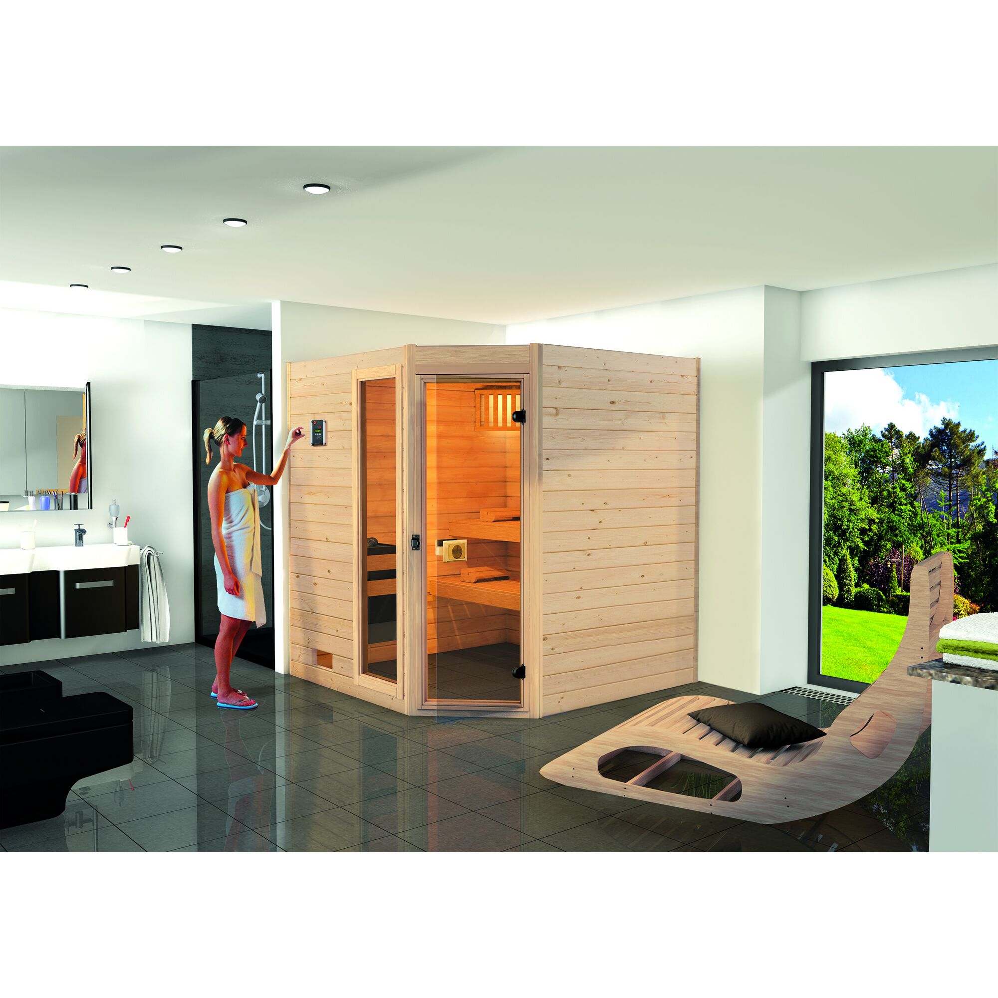 Person schaltet Sauna in Badezimmer ein