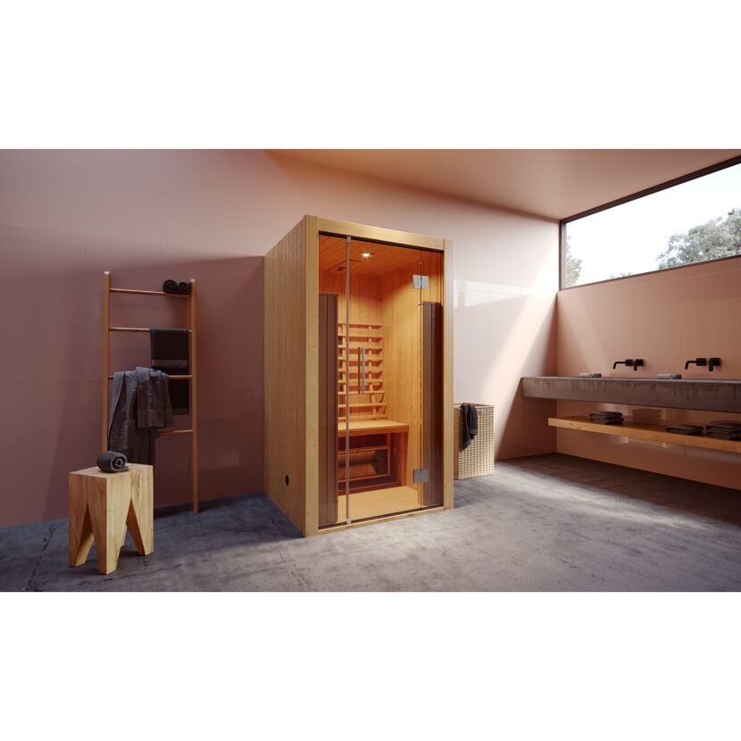 Saunakabine aus Holz mit Glastür