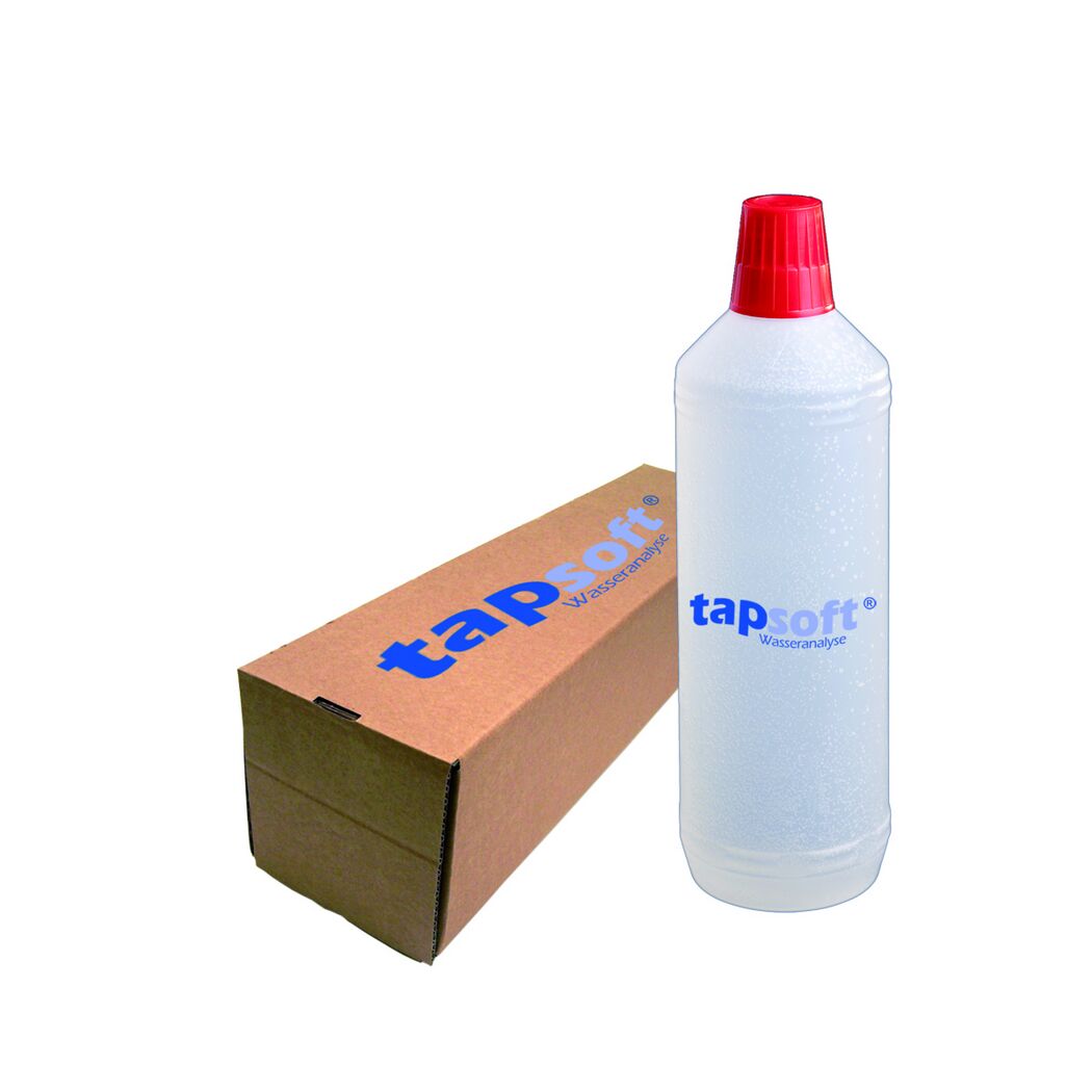 tapSoft Wasseranalyse Flasche und Verpackung