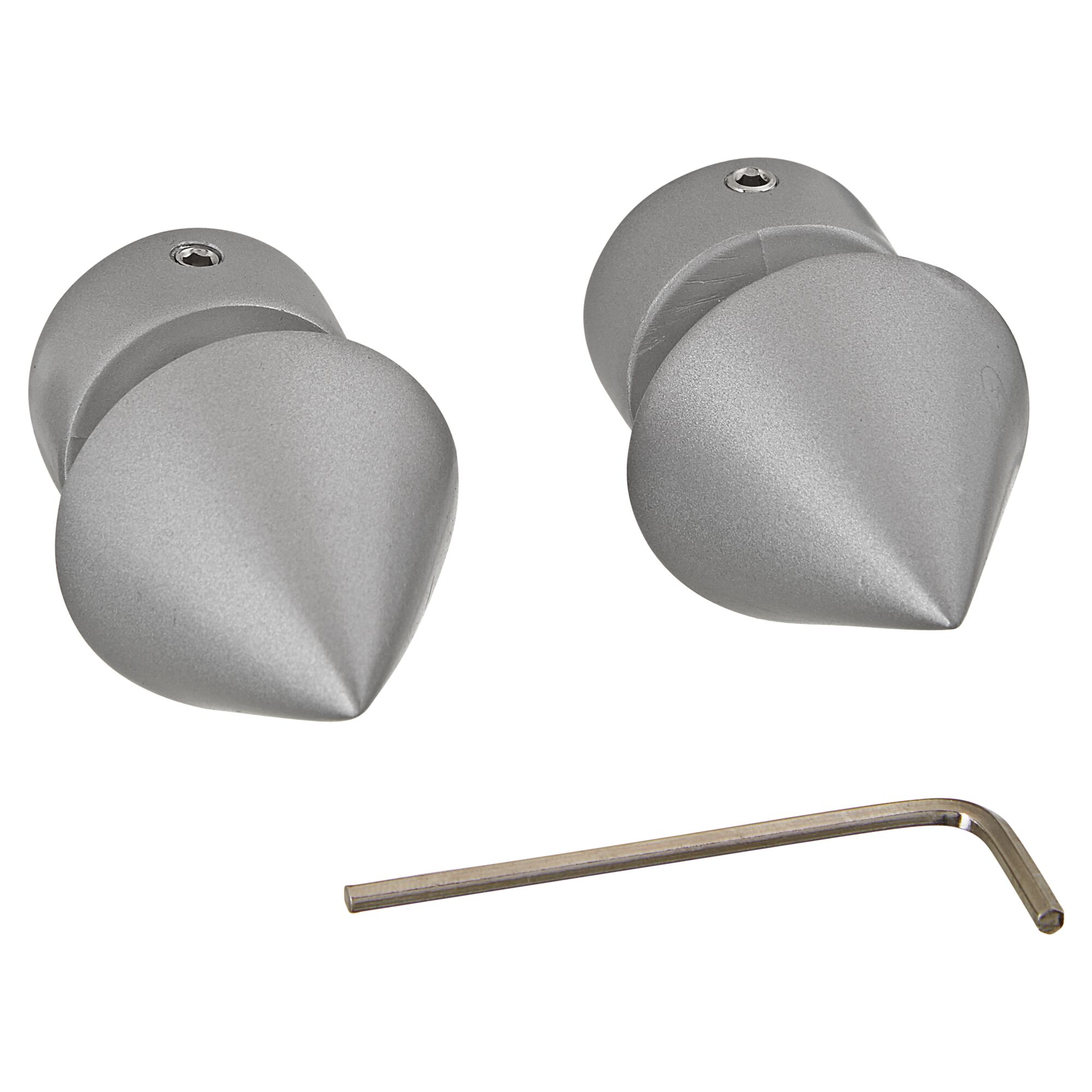 Zwei silberne Endknöpfe und ein Inbusschlüssel