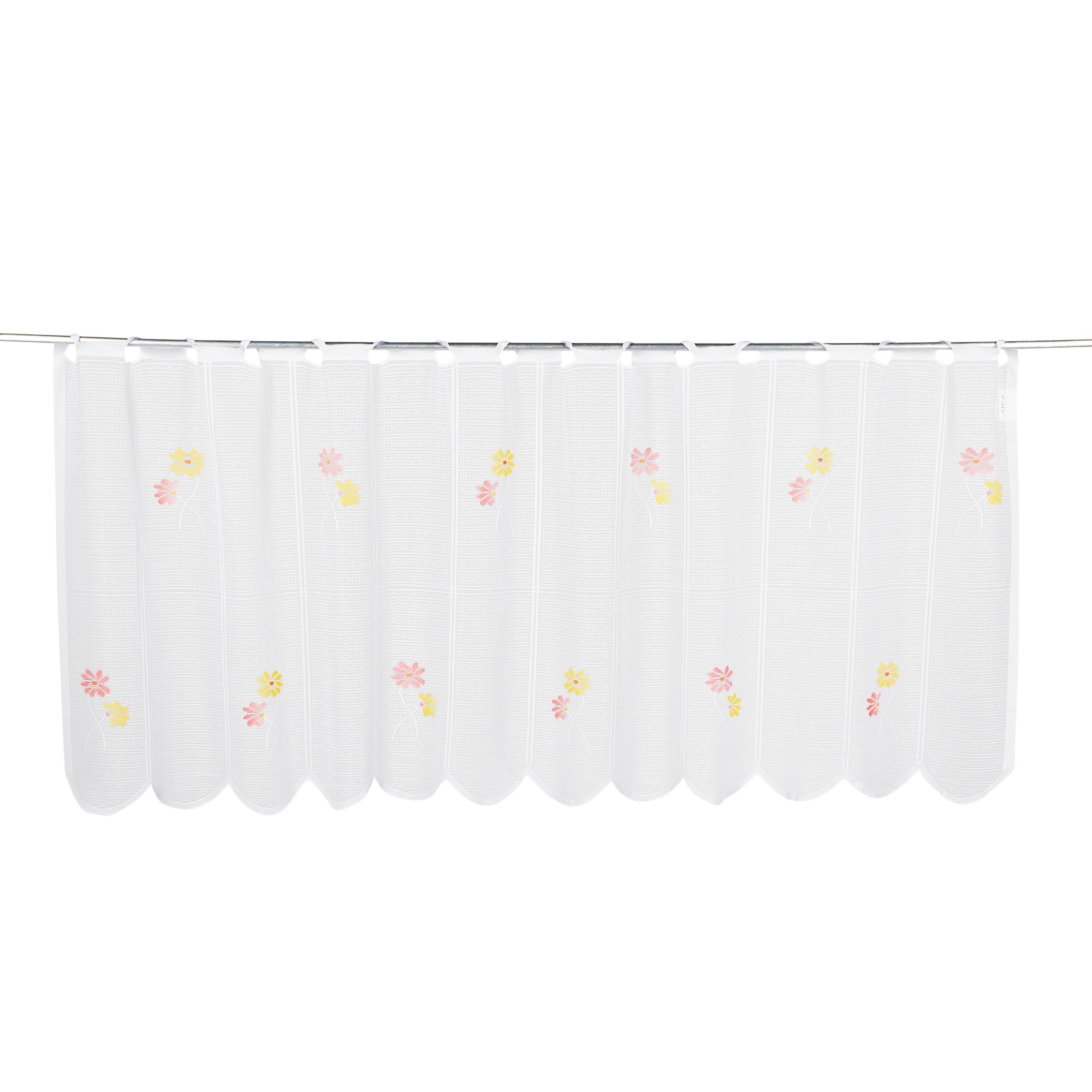 Weiße Bistrogardine mit rosa und gelben Blumen