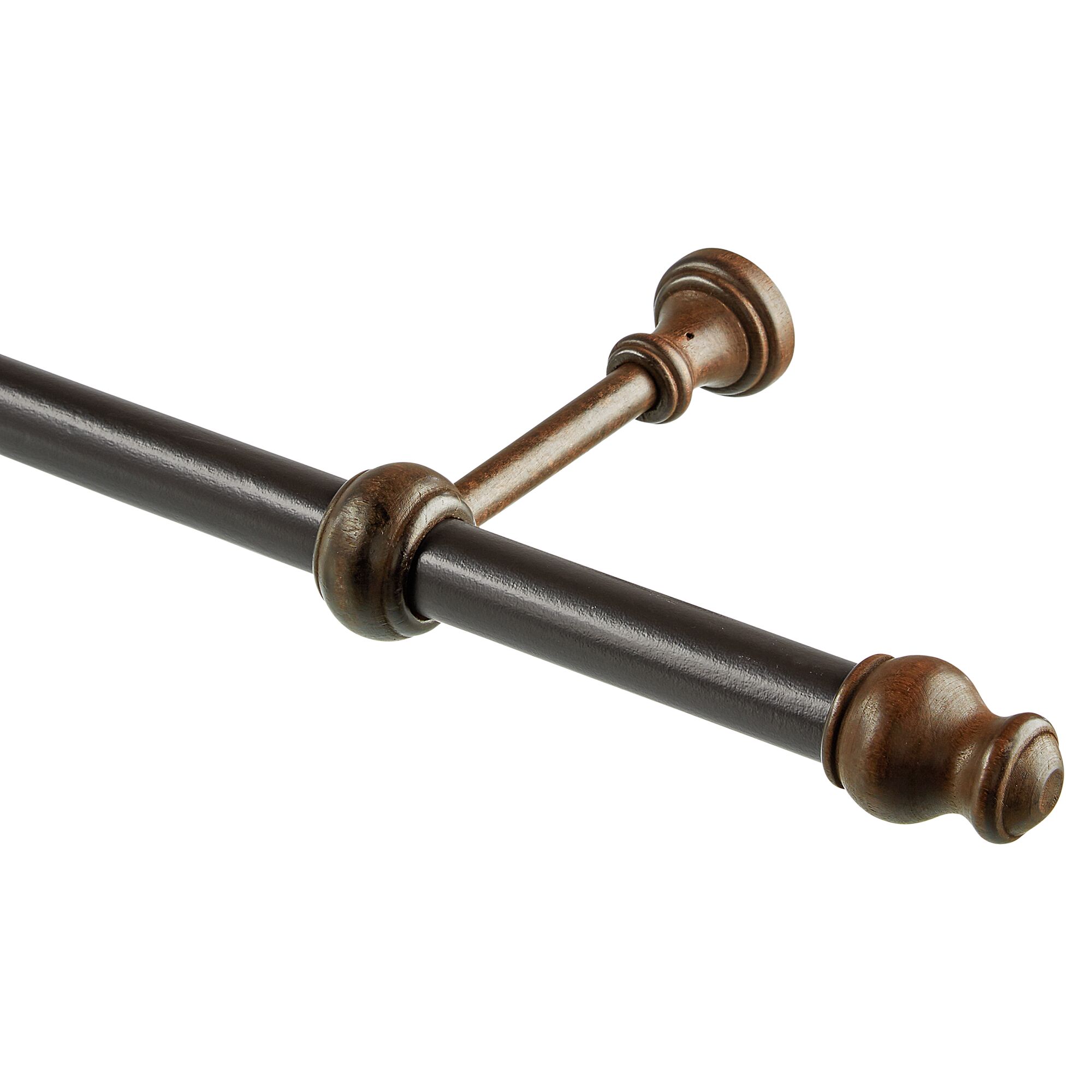 Schwarze Gardinenstange mit braunen Endstücken