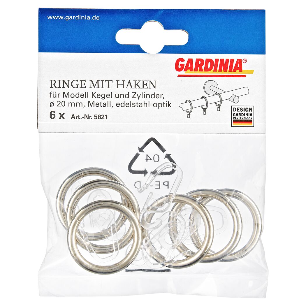Gardina Ringe mit Haken für Gardinenstangen, 20 mm Durchmesser, 6 Stück