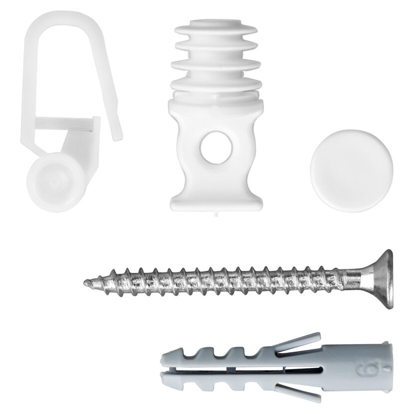Einzelteile eines Vorhangstangen-Sets: Haken, Träger, Dübel, Schraube.