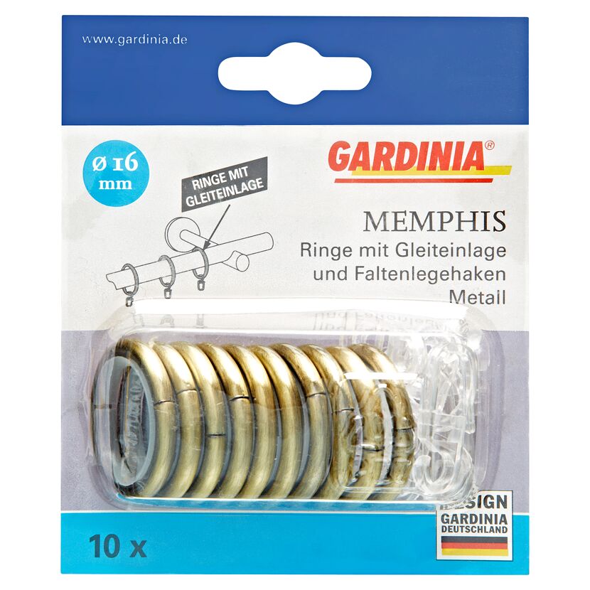 Gardina Memphis Ringe mit Gleiteinlage und Faltenlegehaken, 16 mm, 10 Stück