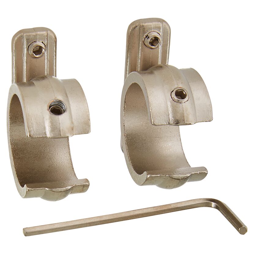 Zwei Gardinenstangen-Ringadapter aus Edelstahl und ein Inbusschlüssel.