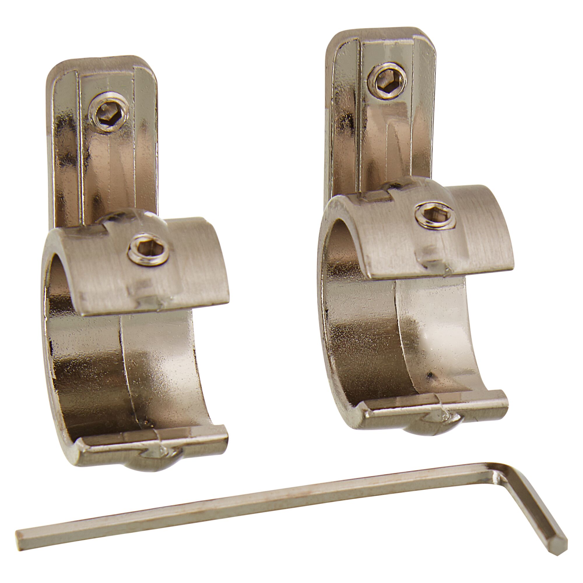 Zwei Gardinenstangen-Ringadapter aus Edelstahl und ein Inbus-Schlüssel.
