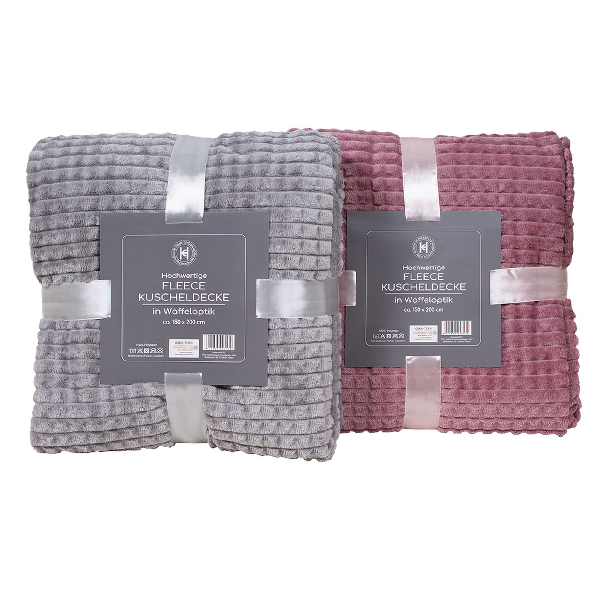 Zwei Fleece Kuscheldecken in Waffeloptik, grau und rosa