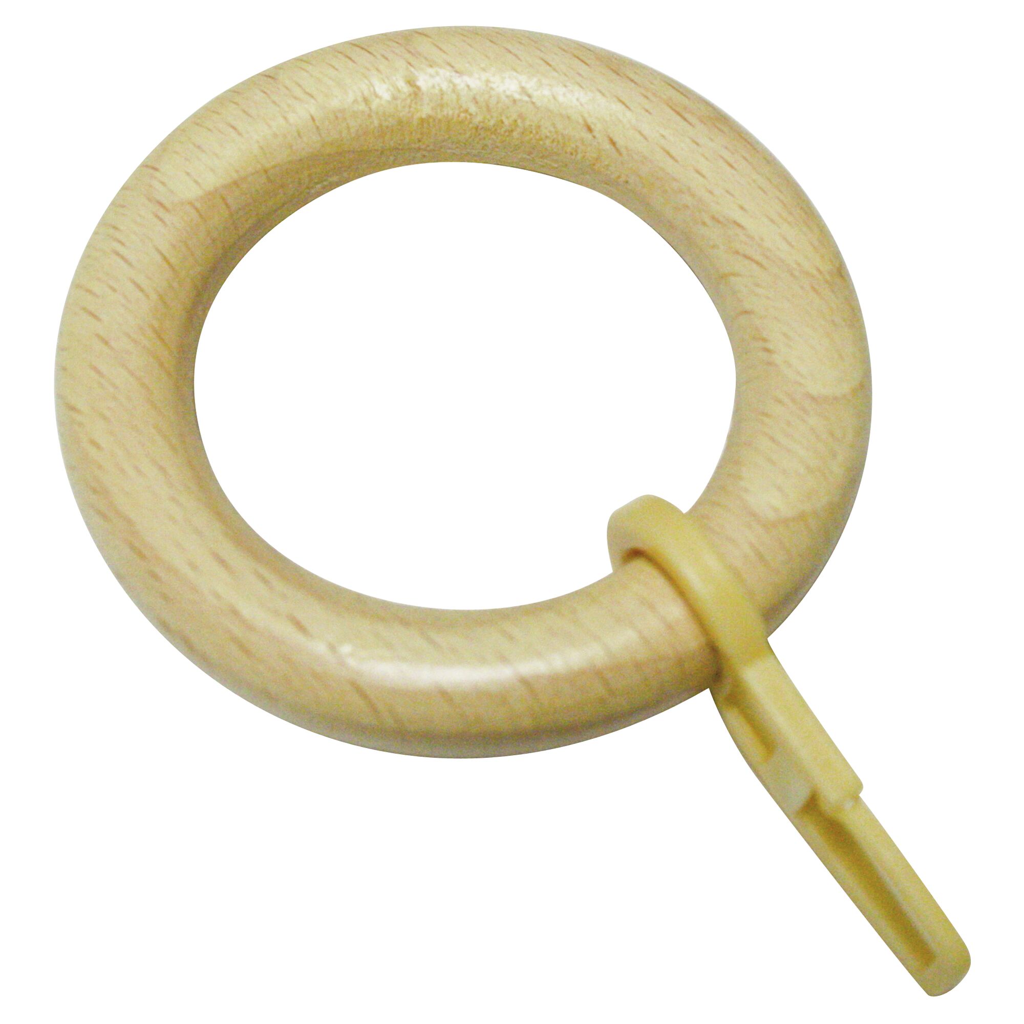 Holzring mit Haken für Gardinenstangen.