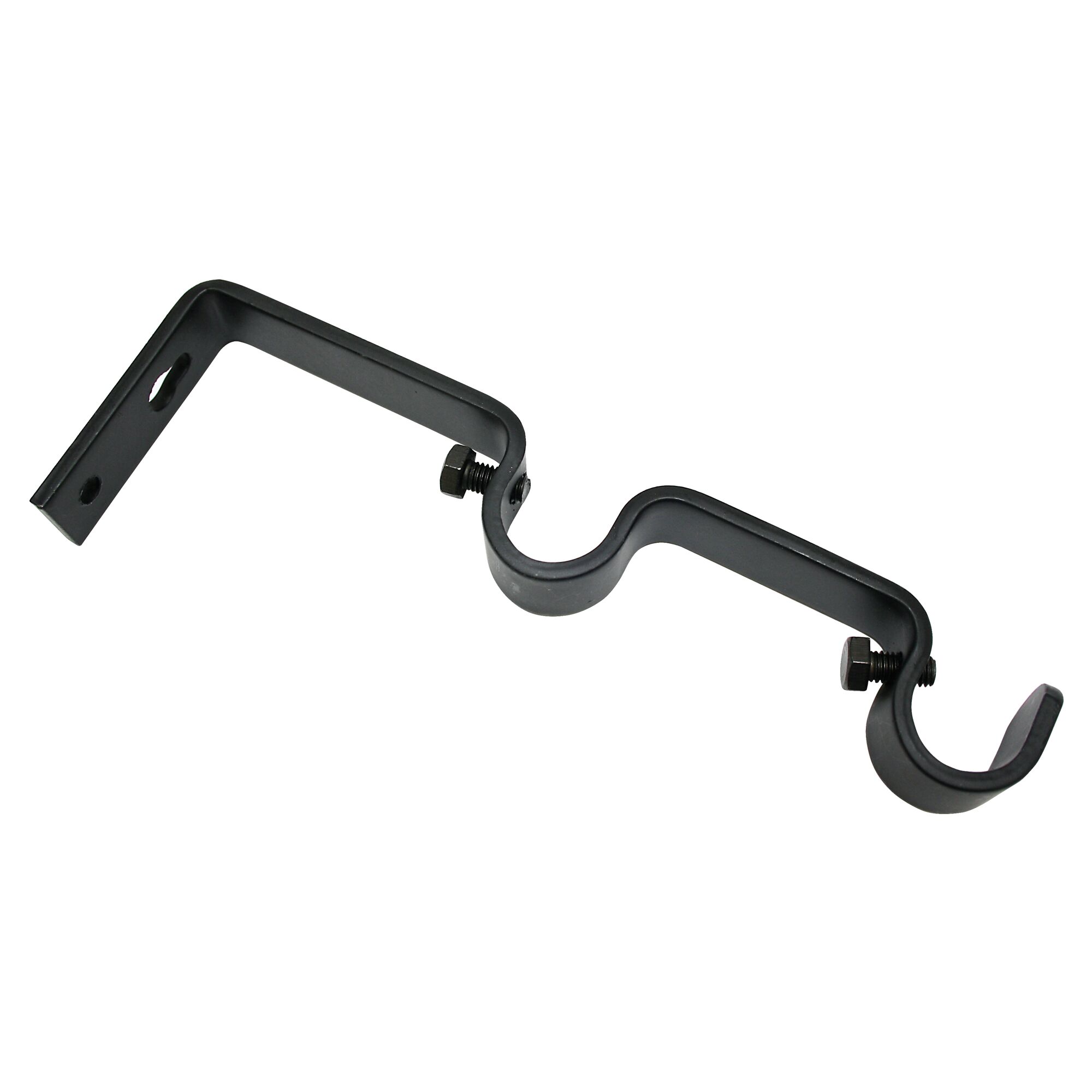 Schwarze Doppelhalterung für Gardinenstangen.