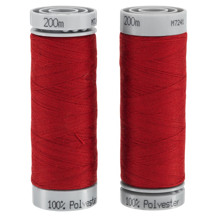 Zwei Rollen rotes Nähgarn, 100 % Polyester