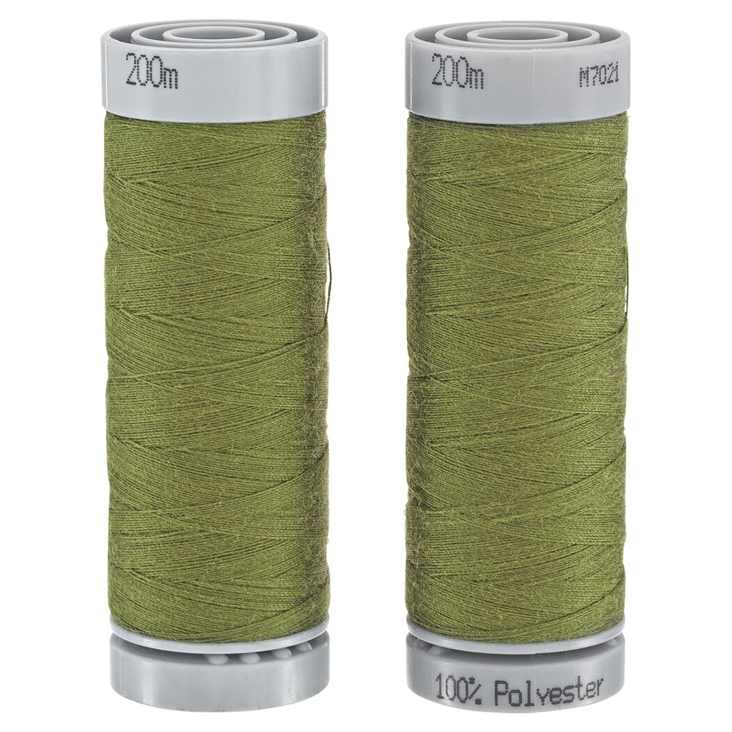 Zwei olivgrüne Nähgarnspulen, 200 m, 100 % Polyester