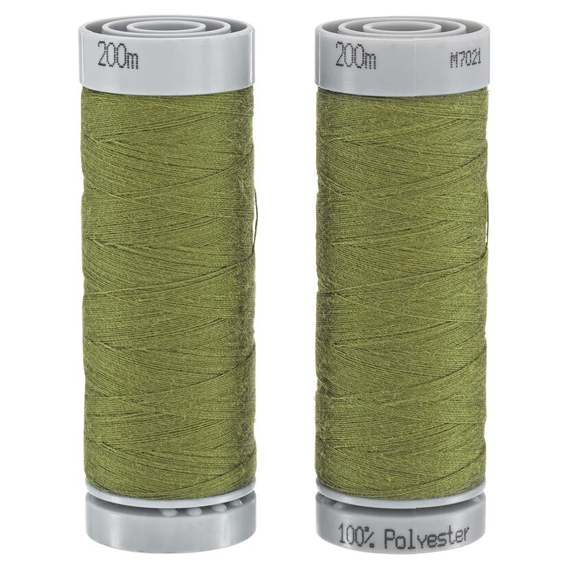 Zwei olivgrüne Nähgarnspulen, 200 m, 100 % Polyester
