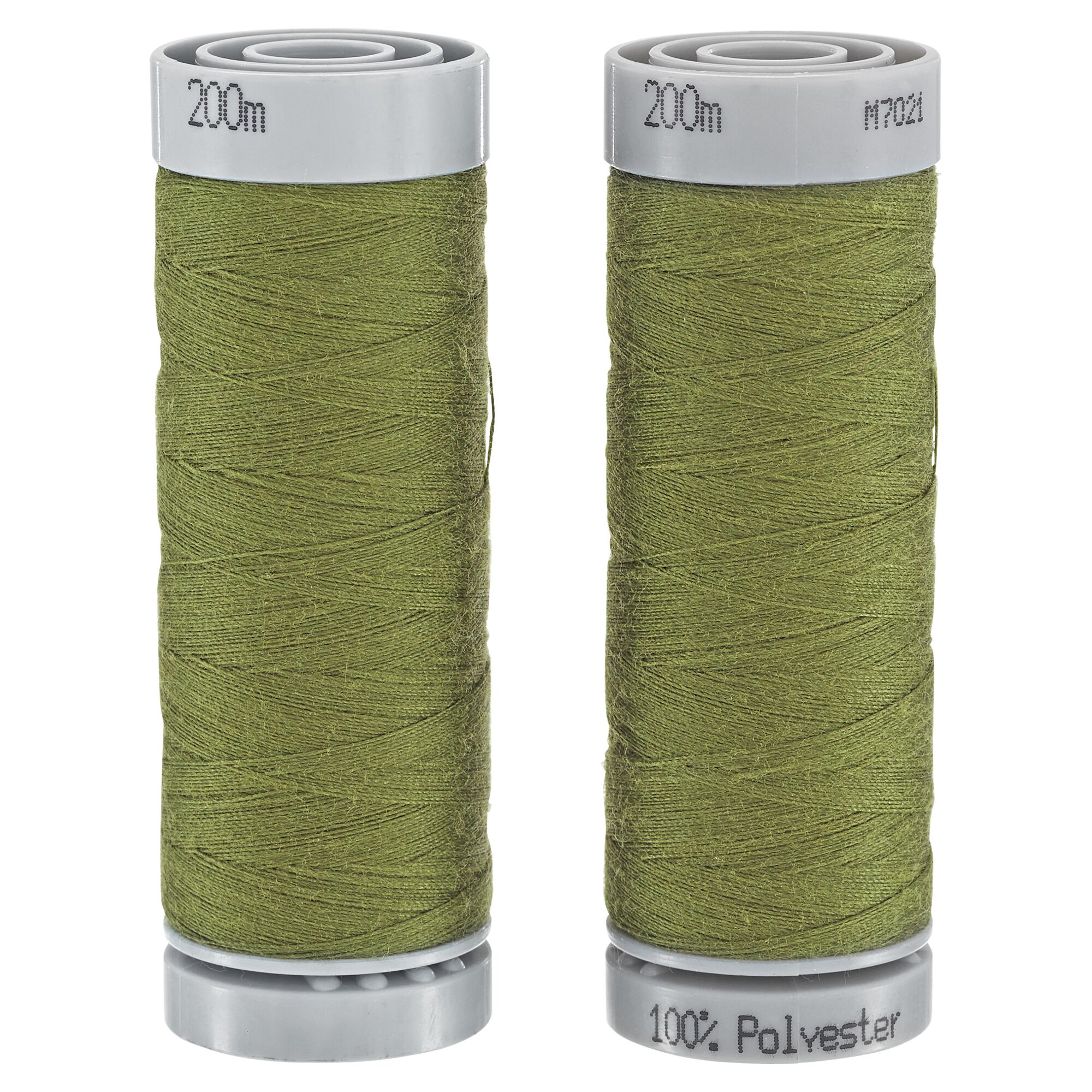 Zwei olivgrüne Nähgarnspulen, 200 m, 100 % Polyester