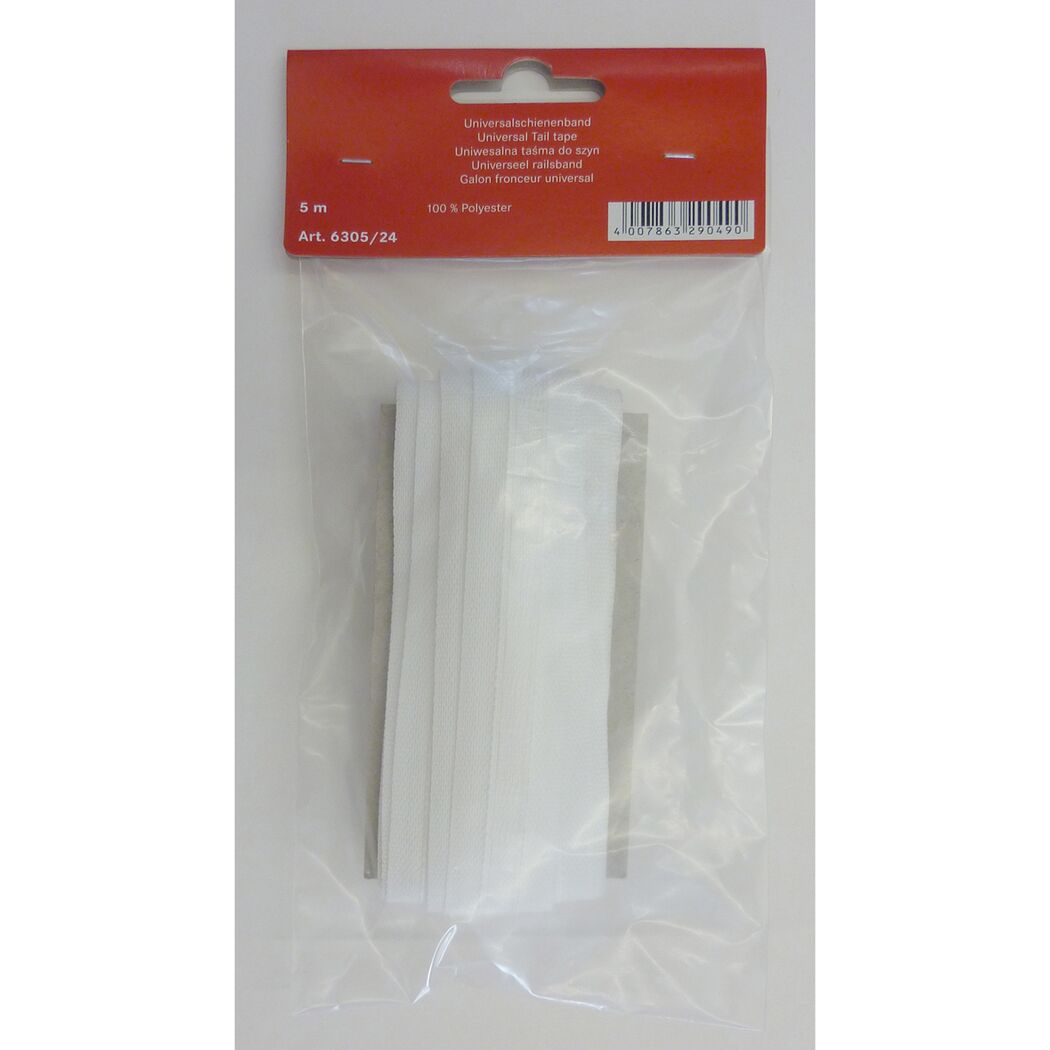 Weißes Universal-Schienenband auf einer Pappkarte in einer Plastiktüte.