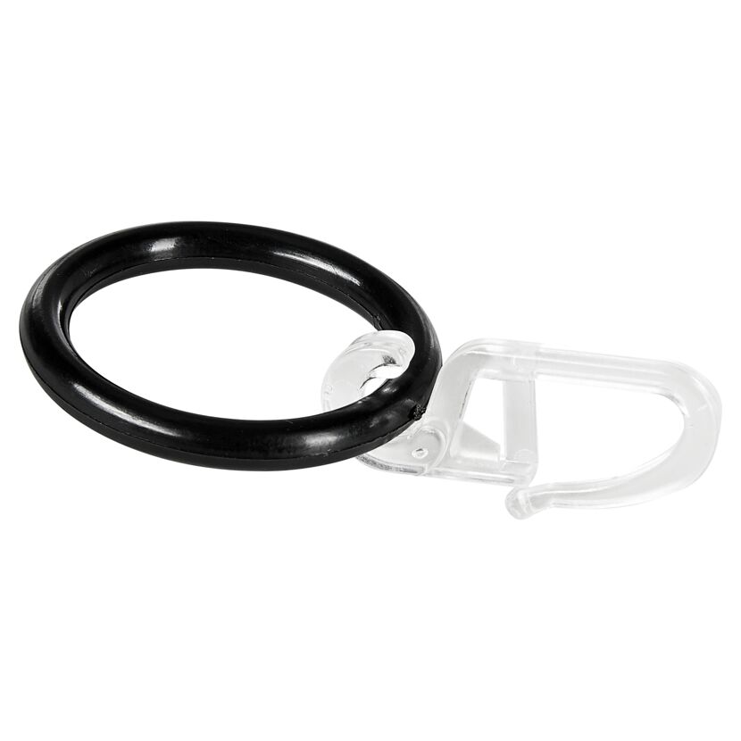 Schwarzer Gardinenring mit transparentem Clip.
