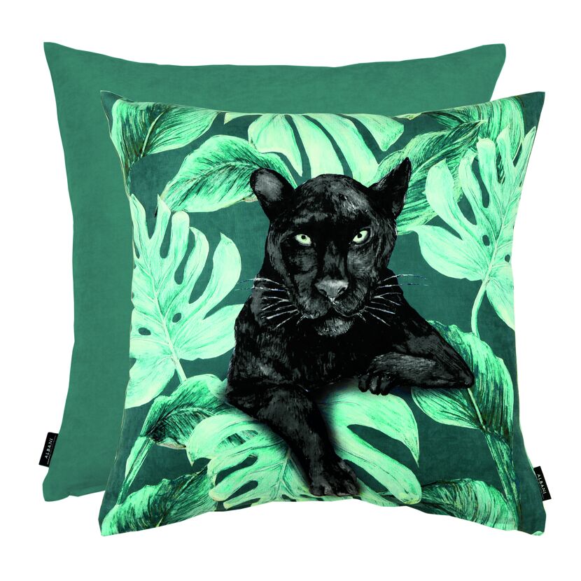 Dekokissen mit schwarzem Panther und grünen Blättern