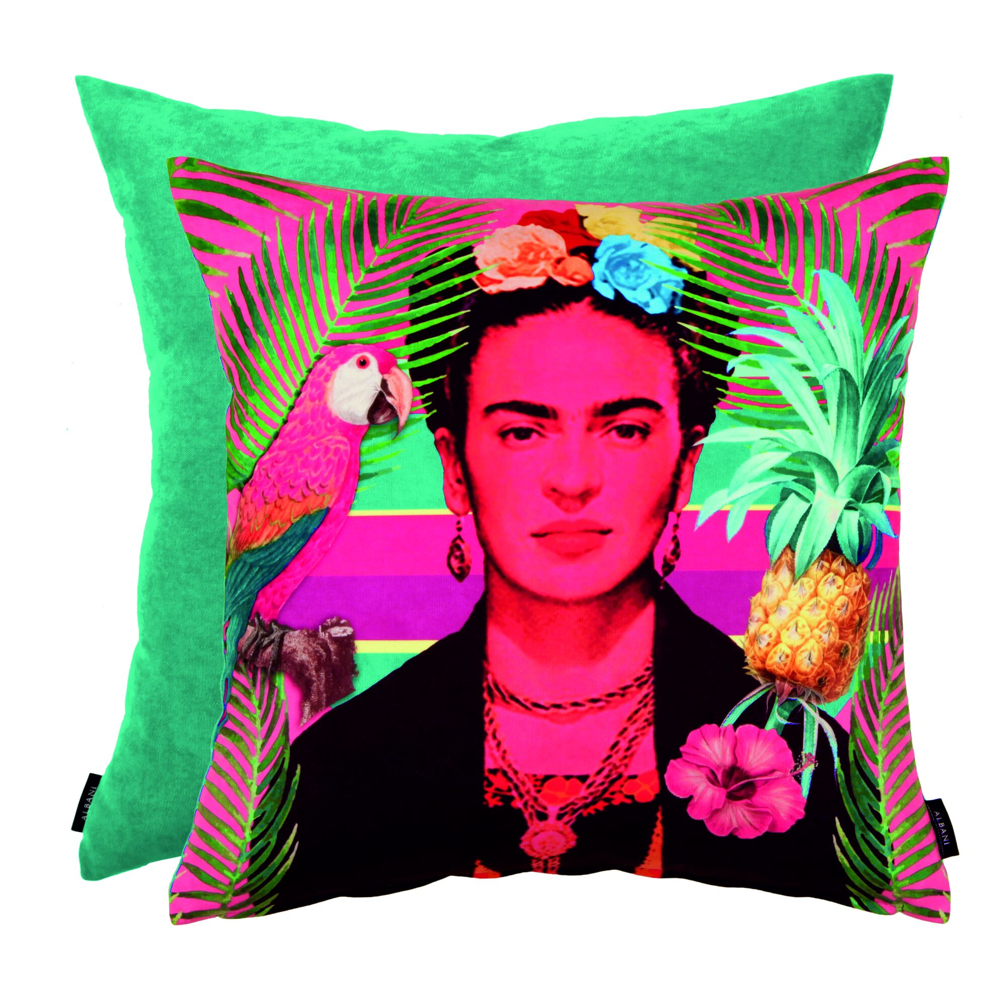 Kissenhülle mit Frida Kahlo, Papagei und Ananas