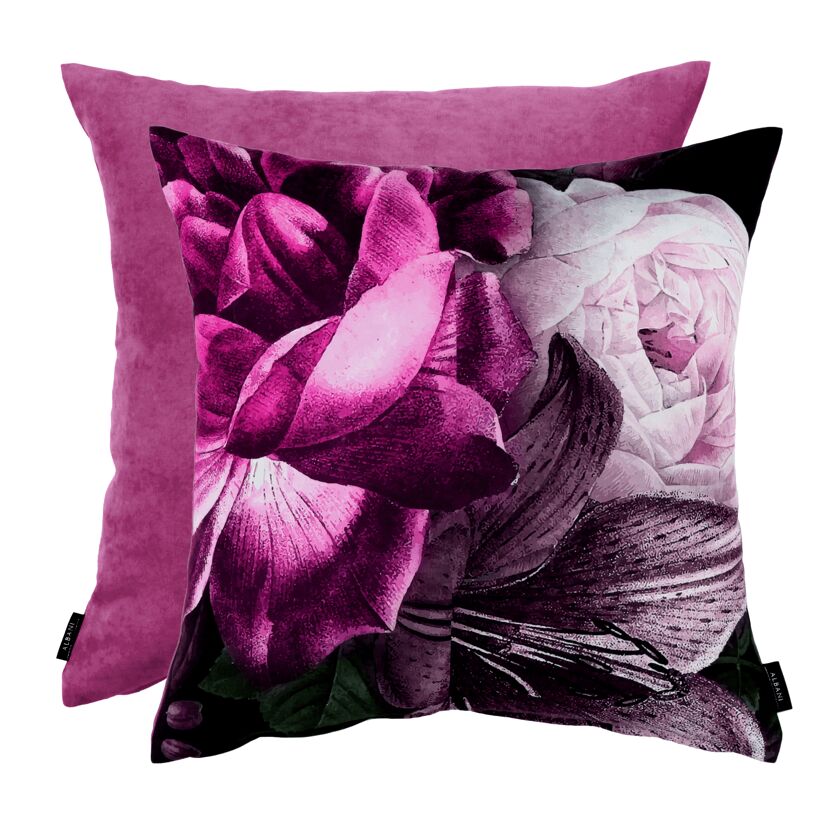 Zwei Kissen mit pink-violettem Blumenmuster