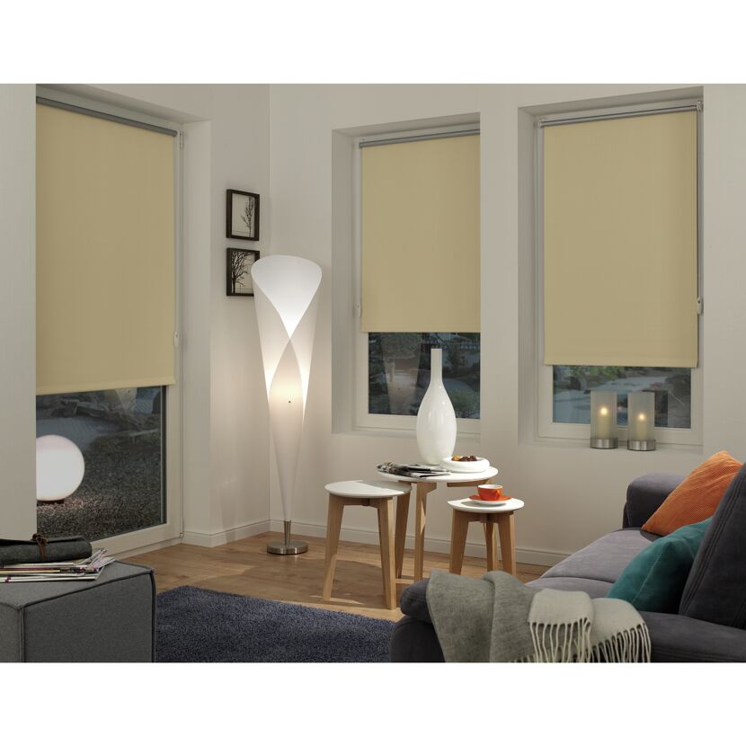 Wohnzimmer mit beigen Rollos.