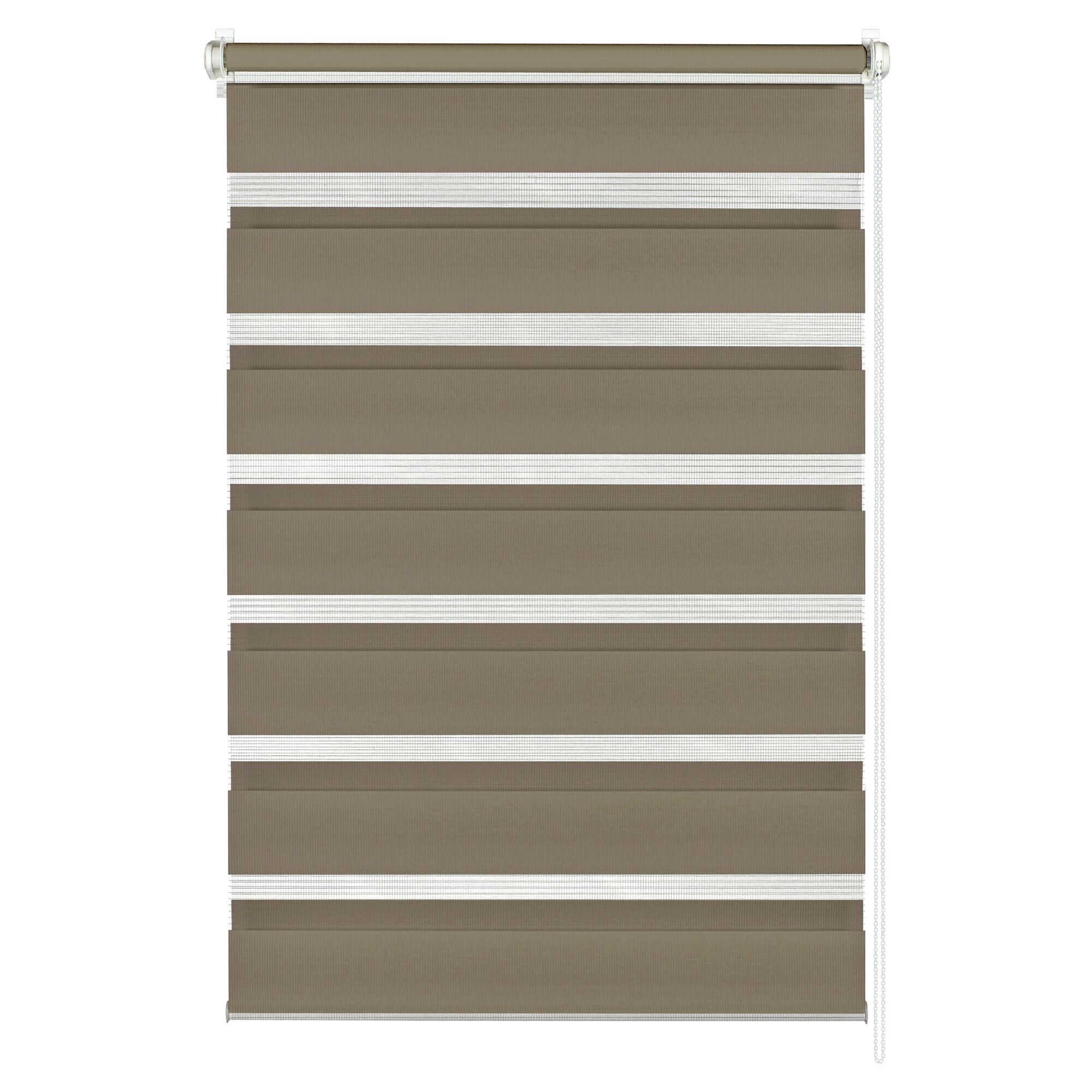 Doppelrollo in Mocca mit weißen horizontalen Streifen.