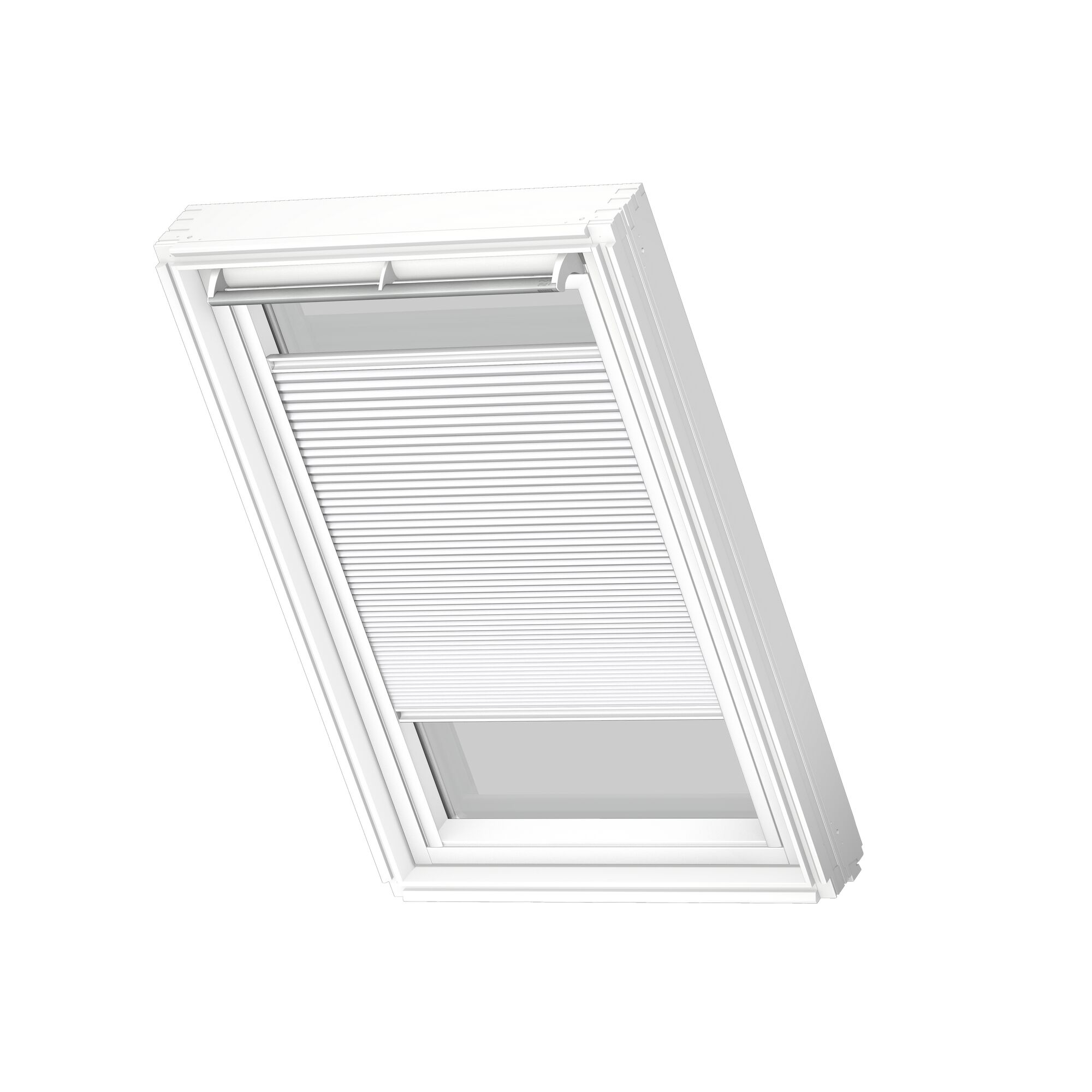 Weißes Dachfenster mit halb geschlossenem Wabenplissee