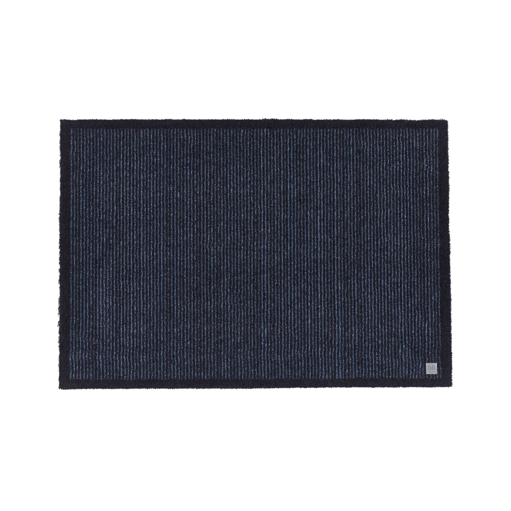 Blaue Fußmatte "Gentle" mit schwarzen Rändern.
